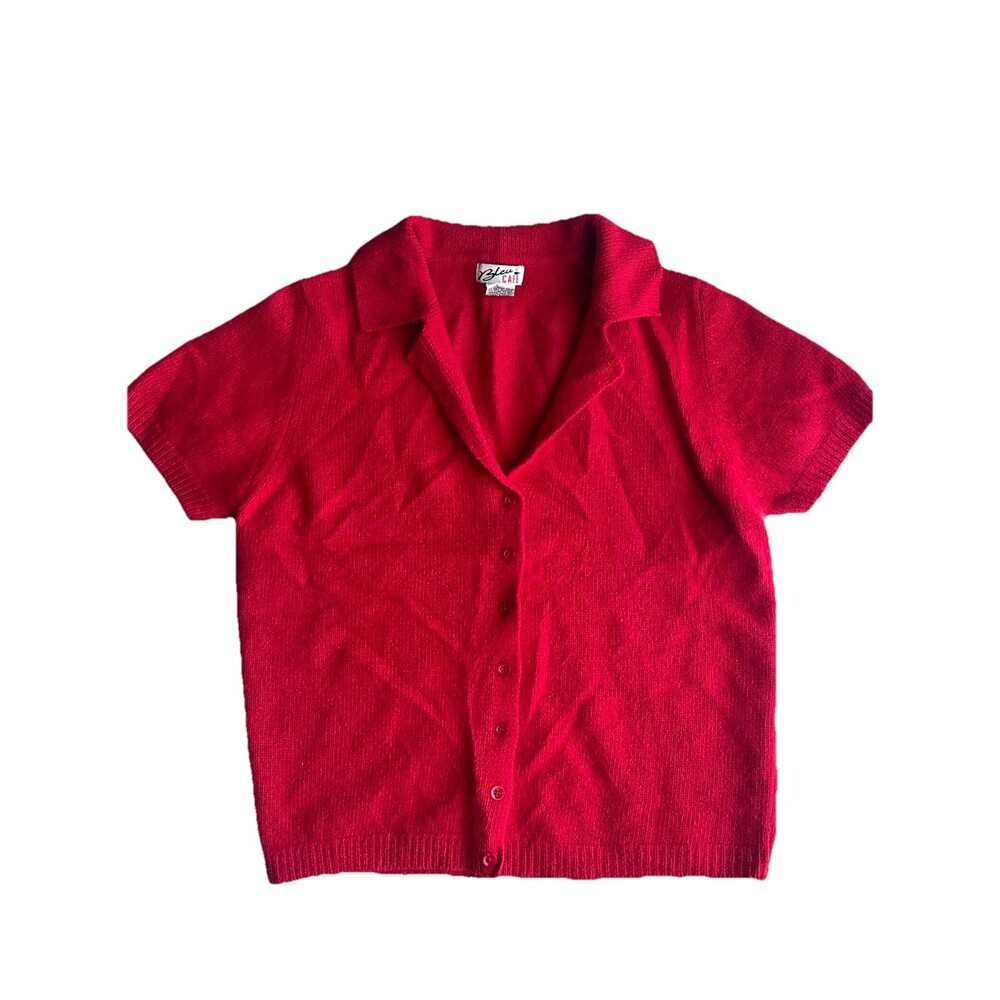 VTG Bleu Cafe Lambswool Angora Red Cardigan Sweater M Short Sleeve Button Front